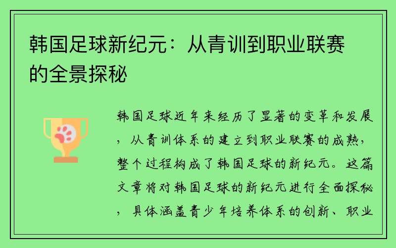 韩国足球新纪元：从青训到职业联赛的全景探秘